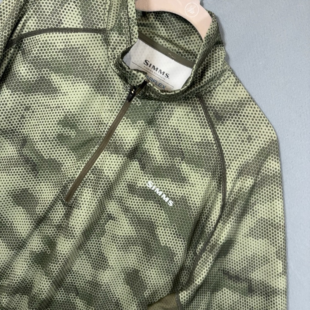 Simms SolarFlex Fishing Shirt Mens XL Green Camo 1/4 Zip Stretch Quick Dry